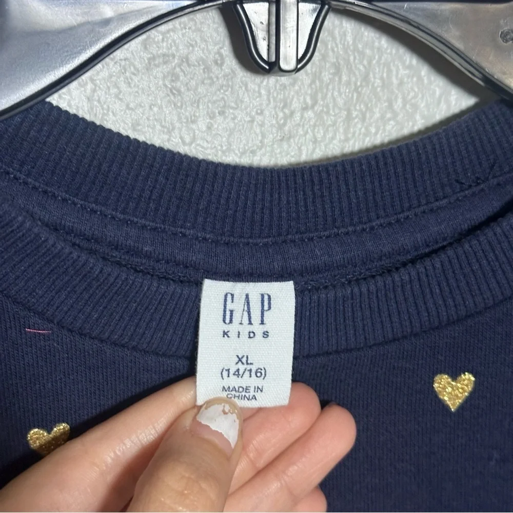 GAP Kids‎ Girls Navy Blue Pullover Gold Heart Sweater Crewneck size XL(14/16)